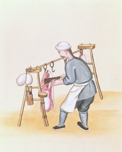 द मीट सेलर, पेकिंग की स्ट्रीट कॉल्स पर एक किताब से, c.1785 (कागज पर वॉटरकलर और गौचे) द्वारा स्कूल चीनी