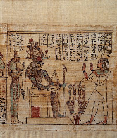 प्राचीन मिस्र की कला: सेरिमेन का पौराणिक पेपिरस। भगवान ptah-sokar-osiris से पहले पूजा में serimen आइसिस के बाद। 21वें राजवंश की पांडुलिपि (सी. 1069-945), तीसरी मध्यवर्ती अवधि (सी. 1069-664 ईसा पूर्व)। चित्र। द्वारा स्कूल मिस्र