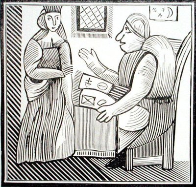 एसोटेरिका c14th-c17th (वुडकट) पर चैपबुक के संग्रह से 'द हिस्ट्री ऑफ मदर बंच ऑफ द वेस्ट' के एक दृष्टांत की प्रति, एक महिला सूथसेयर से मार्गदर्शन मांगती है। द्वारा स्कूल की अंग्रेजी