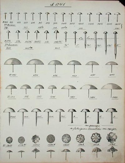 घरेलू सामान और फिटिंग के व्यापार कैटलॉग से नाखून, टैक और पिन, c.1890-1910 (लिथो) द्वारा स्कूल की अंग्रेजी