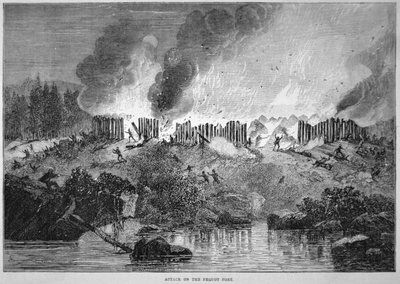 1637 के पेक्वॉट युद्ध (उत्कीर्णन) के दौरान न्यू इंग्लैंड सफेद बसने वालों ने पेक्वॉट भारतीय किले पर हमला किया द्वारा स्कूल की अंग्रेजी