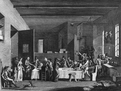 फ्रांसीसी क्रांति और क्रांतिकारी विरोधी आंदोलन: आतंक वर्ष 1793-1794 के तहत एक क्रांतिकारी समिति का इंटीरियर। पेरिस, क्रांति के इतिहास संस्थान का पुस्तकालय of द्वारा स्कूल फ्रेंच