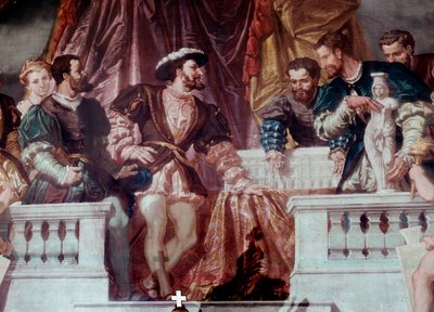 राजा फ्रेंकोइस I (1494-1547) के लिए नए लौवर की योजनाओं की प्रस्तुति राजा फ्रेंकोइस I ने 1546 के आसपास वास्तुकार पियरे लेस्कॉट को प्राप्त किया। रिशेल्यू विंग, लौवर, पेरिस में ग्रैंड सैलून नेपोलियन III का फ्रेस्को द्वारा स्कूल फ्रेंच