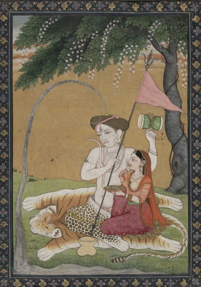 टाइगर स्किन पर शिव और पार्वती, c.1800 (सोने और चांदी के साथ पानी के रंग) द्वारा स्कूल गुलेर