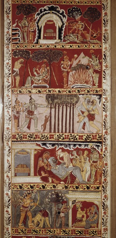 रामायण के दृश्य, वाल्मीकि द्वारा छठी शताब्दी में रचित महाकाव्य और राम की कथा को बताते हुए। वेस्टर्न बंगाल.विक्टोरी एंड अल्बर्ट लाइब्रेरी। लंडन द्वारा स्कूल इंडियन