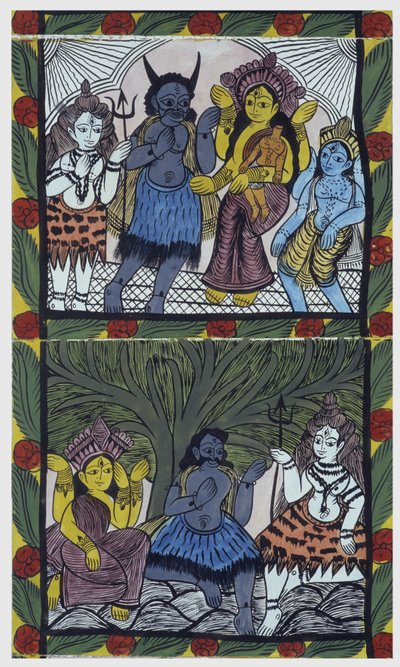 शिव गणेश (गणेश या गणपति) को उनकी माँ पार्वती की बाहों में, उनके सिर को क्रोध की भुजा में काटकर जीवन देते हैं। पैट: बंगाल क्षेत्र से चित्रित रोल, संगीतकारों बाउल (या बाउल) के लिए एक कथा माध्यम के रूप में सेवारत। लियोनार्ड डी सेल्वा विशेष द्वारा स्कूल इंडियन