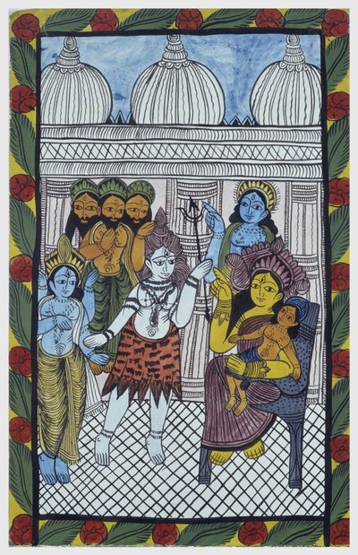देवता कृष्ण की प्रशंसा करने आते हैं, एक सुंदर बच्चे के शरीर में अवतार लेते हैं, गणेश (गणेश या गणपति) अपनी माँ पार्वती के घुटनों पर बैठे हैं। पैट: बंगाल क्षेत्र का चित्रित रोल, गायक बाउल (बौल) के लिए एक कथा माध्यम के रूप में सेवारत। लियोनार्ड डी द्वारा स्कूल इंडियन