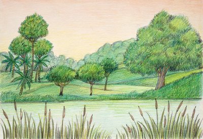 प्रागितिहास - तृतीयक - प्राकृतिक पर्यावरण का पुनर्निर्माण (रंग लिथो) द्वारा स्कूल इतालवी