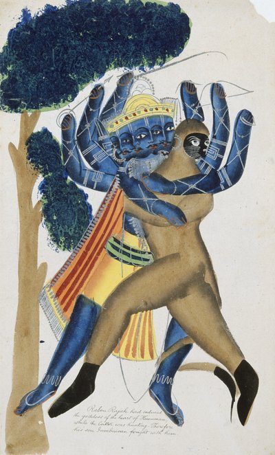 सीलोन का राक्षस राजा रावण हनुमान के पुत्र से युद्ध करता हुआ (कागज़ पर जलरंग) द्वारा स्कूल कालीघाट