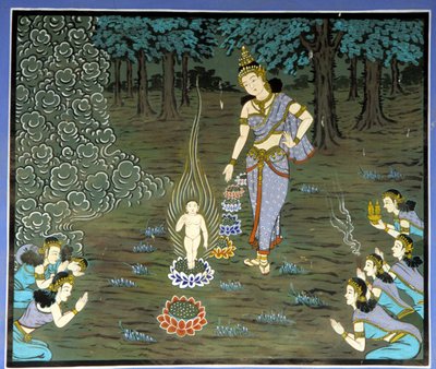 बुद्ध का जन्म। योंगजू मंदिर, सुवन क्षेत्र, कोरिया में फ्रेस्को। द्वारा स्कूल कोरियाई
