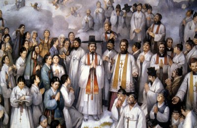 १९वीं सदी में कोरिया में शहीद हुए ९३ कोरेन्स और १० फ्रांसीसी मिशनरियों का प्रतिनिधित्व। द्वारा स्कूल कोरियाई