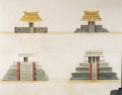 Tenochtitlan में इमारतों का ऐतिहासिक पुनर्निर्माण (रंग लिथो) द्वारा स्कूल मैक्सिकन
