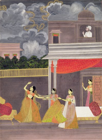 एक महिला रात में एक तूफान से लाई गई: संगीत विधा से चित्रण मधु माधवी, c.1760 (कागज पर गौचे) द्वारा स्कूल मुगल