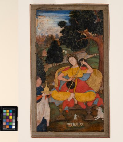 एक बैठी हुई महिला वीणा बजाती है, जिसका एक नौकर इंतजार कर रहा था, c.1590 (अपारदर्शी जल रंग और कागज पर सोना) द्वारा स्कूल मुगल