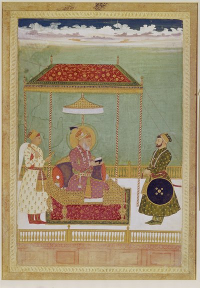 एक आदमी के साथ शाह औरंगजेब का चित्रण, संभवतः अशरफ खान, 18 वीं सदी की शुरुआत में (अपारदर्शी जल रंग, कागज पर स्याही और सोना) द्वारा स्कूल मुगल