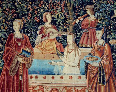 लॉर्डशिप लाइफ का परदा: स्नान। विवरण। नीदरलैंड में 1520 के आसपास ऊन और रेशम की टेपेस्ट्री बनाई गई। सूर्य 2,8x2,6 मीटर पेरिस, मध्य युग का राष्ट्रीय संग्रहालय, थर्मस डी क्लूनी द्वारा स्कूल नीदरलैंड