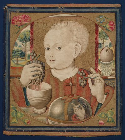 द इन्फैंट क्राइस्ट प्रेसिंग द वाइन ऑफ द यूचरिस्ट, c.1500 (लिनन ताना, ऊन, रेशम और गिल्ट वेट यार्न) द्वारा स्कूल नीदरलैंड