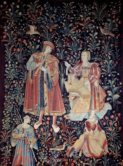 सेग्न्यूरियल लाइफ का पर्दा: नीदरलैंड में 1520 के आसपास ऊन और रेशम का संगीत कार्यक्रम टेपेस्ट्री बना। सूर्य 2,6x3,7 मीटर पेरिस, मध्य युग का राष्ट्रीय संग्रहालय, थर्मस डी क्लूनी द्वारा स्कूल नीदरलैंड