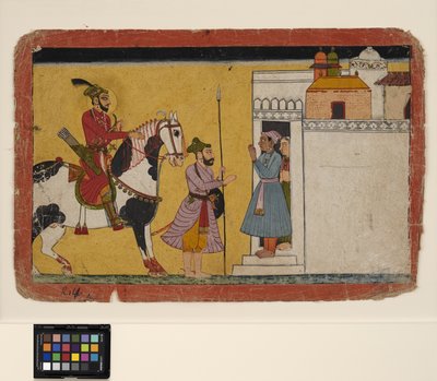 एक राजकुमार शिकार एक घर के दरवाजे पर रुकता है, c.1700 (कागज पर अपारदर्शी w - c और सोना) द्वारा स्कूल पहाड़ी