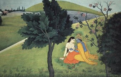 'गीता गोविंदा' श्रृंखला से राधा के स्तन को सुशोभित करने वाले कृष्ण, या तो कुशला या गौधु, कांगड़ा, हिमाचल प्रदेश, c.1780 को जिम्मेदार ठहराते हैं द्वारा स्कूल पहाड़ी