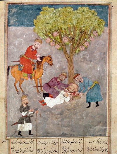 इस्लामी कला: दुश्मन सिर काट रहे हैं। फिरदौसी (फिरदौसी, या फिरदौसी, या फिरदौसी, सीए। 940-लगभग 1020) की महाकाव्य कविता "शाहनामा" (शाहनामा, शाहनामा) (राजाओं की पुस्तक) की पांडुलिपि से फारसी लघुचित्र। बिब्लियोटेका नाजियोनेल नेपल्स द्वारा स्कूल फ़ारसी
