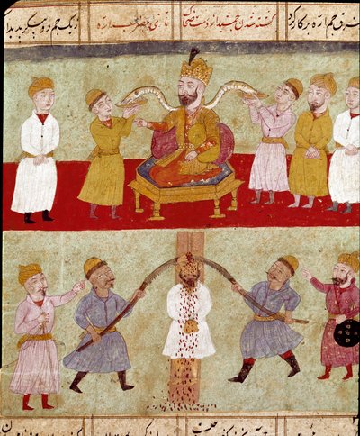 इस्लामी कला: एक राजा शीर्ष पर प्रतिनिधित्व करता है, उसके साथी सांपों को दरबारियों द्वारा खिलाया जाता है, एक दुश्मन की यातना के दृश्य के नीचे। फिरदौसी (फिरदौसी,) की महाकाव्य कविता "शाहनामा" (शाहनामा, शाहनामा) (राजाओं की पुस्तक) की पांडुलिपि से फार द्वारा स्कूल फ़ारसी