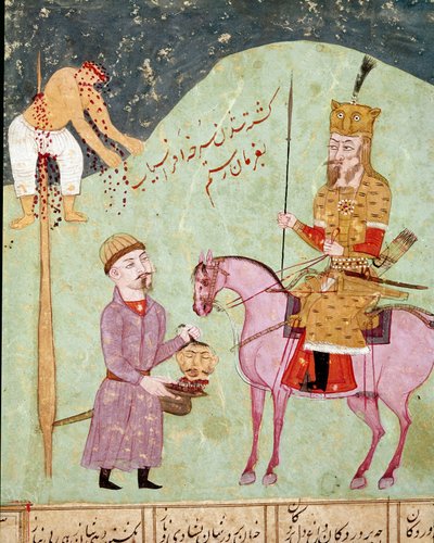 इस्लामी कला: एक उच्छृंखल और सिर से मरोड़ने वाला दुश्मन। फिरदौसी (फिरदौसी, या फिरदौसी, या फिरदौसी, सीए। 940-लगभग 1020) की महाकाव्य कविता "शाहनामा" (शाहनामा, शाहनामा) (राजाओं की पुस्तक) की पांडुलिपि से फारसी लघुचित्र बिब्लियोटेका नाजियोनेल नेपल्स द्वारा स्कूल फ़ारसी