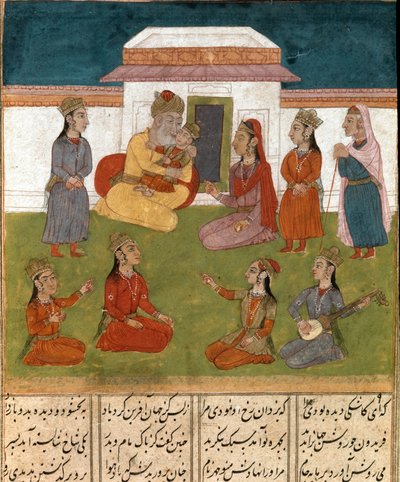 फिरदौसी (फिरदौसी, या फिरदौसी, या फिरदौसी, सीए 940-लगभग 1020) द्वारा महाकाव्य कविता "" शाहनामा"" (शाहनामा, शाहनामा) (राजाओं की पुस्तक) की पांडुलिपि से फारसी लघु हरम दृश्य बिब्लियोटेका नाजियोनेल नेपल्स द्वारा स्कूल फ़ारसी