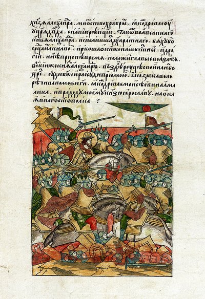 बर्फ पर लड़ाई, 5 अप्रैल 1242, c.1568-76 (वेल्लम) द्वारा स्कूलरूसी