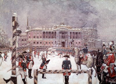 पॉल I (1754-1801), रूसी सम्राट की उपस्थिति में मिखाइलोवस्क पैलेस के सामने सैन्य परेड। रूसी स्कूल द्वारा स्कूलरूसी