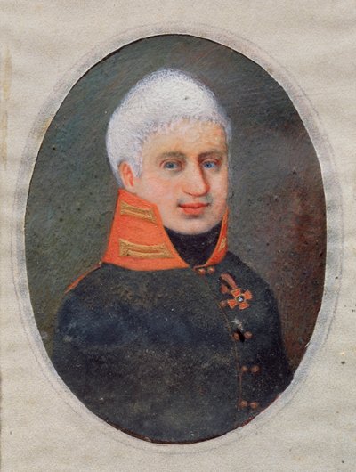 कवि एंटोन ए. डेलविग (डेलविग) (1798-1831) का चित्र। (सैन्य वर्दी में)। एक रूसी मास्टर का काम, सींग पर पानी के रंग और गौचे से, लगभग 1800। 19वीं सदी की रूसी कला। स्टेट आर्ट म्यूज़ियम, तुला (रूस)। द्वारा स्कूलरूसी