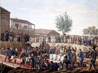 1820 में मोहिलॉफ़ में सीमा शुल्क घर का पहला पत्थर रखना (कागज पर पानी के रंग का) द्वारा स्कूलरूसी