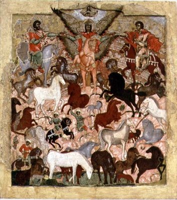 महादूत माइकल का चमत्कार, रूसी आइकन, 17वीं सदी के अंत-18वीं शताब्दी के प्रारंभ में (पैनल पर तापमान) द्वारा स्कूलरूसी
