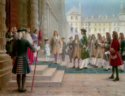 ज़ार पियरे ले ग्रैंड (1672-1725) का 1717 में वर्साय में लुई XV बच्चे द्वारा स्वागत किया गया - गोर्स्की द्वारा पेंटिंग (19वीं शताब्दी) द्वारा स्कूलरूसी
