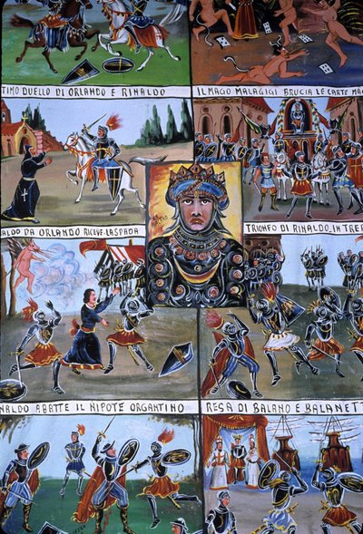 पप्पी नाम की एक कठपुतली थिएटर की सजावट, जो प्राचीन काल से चली आ रही सिसिली परंपरा से संबंधित है और इसका उद्देश्य आक्रमणों और नॉर्मन विजय की कहानी बताना है। पलेर्मो, सिसिली, इटली। द्वारा स्कूल सिसिलियन