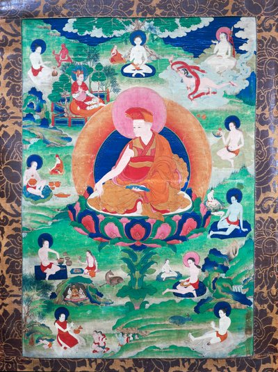 लामा रजेग्रग्स रतोद इहा-पा-पदबांग अंगूर प्रभामंडल के साथ और कई महासिद्ध (योगियों) से घिरे हुए, भारत और तिब्बत (7वीं-11वीं शताब्दी) में रहते थे, कैनवास पर गौचे द्वारा स्कूल तिब्बती