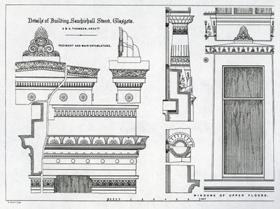 अलेक्जेंडर ग्रीक थॉमसन, 1869 द्वारा डिज़ाइन किए गए ग्रेचियन चेम्बर्स, 336-356 सौचीहॉल स्ट्रीट, ग्लासगो का वास्तुकला विवरण द्वारा स्कॉटिश स्कूल