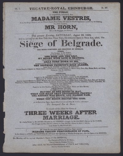 थिएटर रॉयल, एडिनबर्ग के लिए रंगमंच कार्यक्रम, 23 अगस्त 1823 (लिथो) द्वारा स्कॉटिश स्कूल