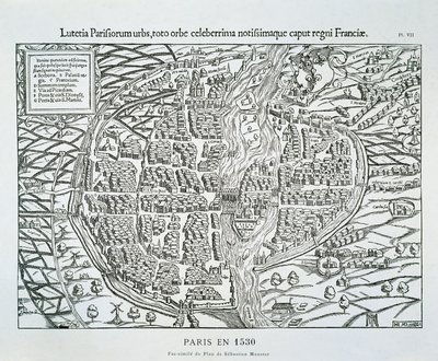 पेरिस शहर योजना c.1530 (लकड़ी की नक्काशी) द्वारा सेबस्टियन (बाद में) मुंस्टर