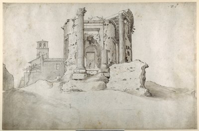 टिवोली में टिबर्टाइन सिबिल के मंदिर के खंडहर (श्वेत कागज पर भूरे भूरे रंग के साथ कलम और भूरे रंग की स्याही) द्वारा सेबस्टियन व्रंक्स