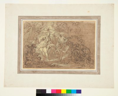 Bacchus और Ariadne c.1715 (भूरी जमीन पर काली चाक पर कलम और स्याही) द्वारा सेबेस्टियानो कोन्का