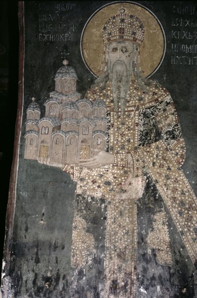 चर्च के एक मॉडल के साथ राजा स्टीफन उरोस II मिलुटिन (r.1282-1321) 1311-21 द्वारा सर्बियाई स्कूल