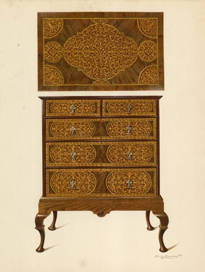Marqueterie (क्रोमोलिथो) के साथ दराज के सीने में जकड़ना द्वारा शर्ली चार्ल्स लेवेलिन स्लोकॉम्बे