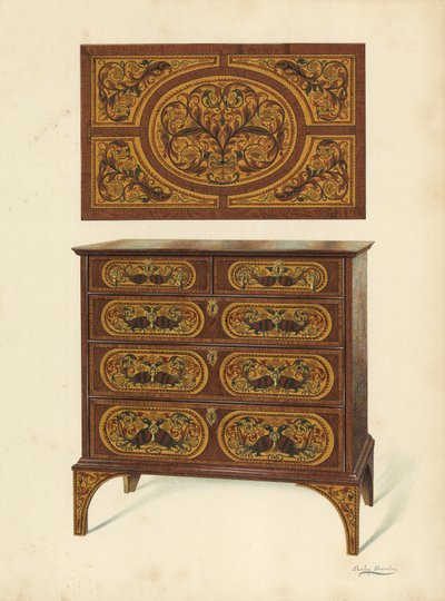 Marqueterie (क्रोमोलिथो) के साथ दराज के सीने में जकड़ना द्वारा शर्ली चार्ल्स लेवेलिन स्लोकॉम्बे
