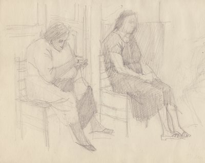 बूढ़ी महिला बुनाई, इटली, c1950। द्वारा शर्ली मार्खम