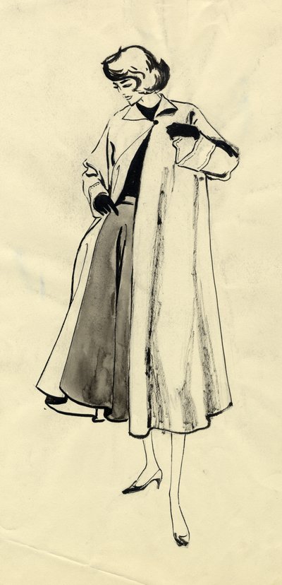 कोट और फुल स्कर्ट में महिला, c1950। द्वारा शर्ली मार्खम