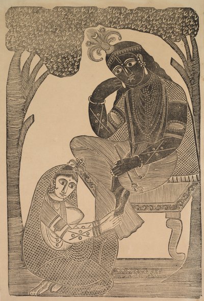 राधा कृष्ण के पैर सहला रही हैं द्वारा श्री गोबिंदा चंद्र रॉय