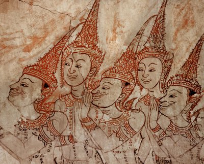 अयुत्या काल (पत्थर पर पेंट) से डेटिंग करने वाले भित्ति चित्रों को दर्शाती भित्ति चित्रों का विस्तार द्वारा सियामी स्कूल