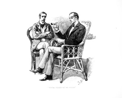 &39;होम्स ने अपनी घड़ी को बाहर निकाला&39;, आर्थर कॉनन डॉयल (1859-1930) द्वारा &39;द ग्रीक इंटरप्रेटर&39; का चित्रण, &39;स्ट्रैंड मैगज़ीन&39; में, सितंबर 1893 द्वारा Sidney Paget