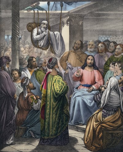 लकवे के रोगी को उसके मित्रों द्वारा मसीह के पास लाया गया (रंगीन उत्कीर्णन) द्वारा सीगफ्राइड डेटलर बेंडिक्सन
